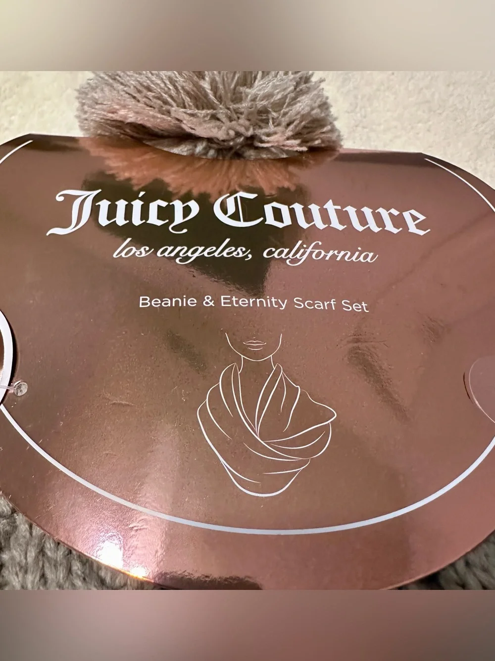 Juicy Couture Beanie Hat Infinity Scarf Set NWT Taupe Beige Cable Knit Winter